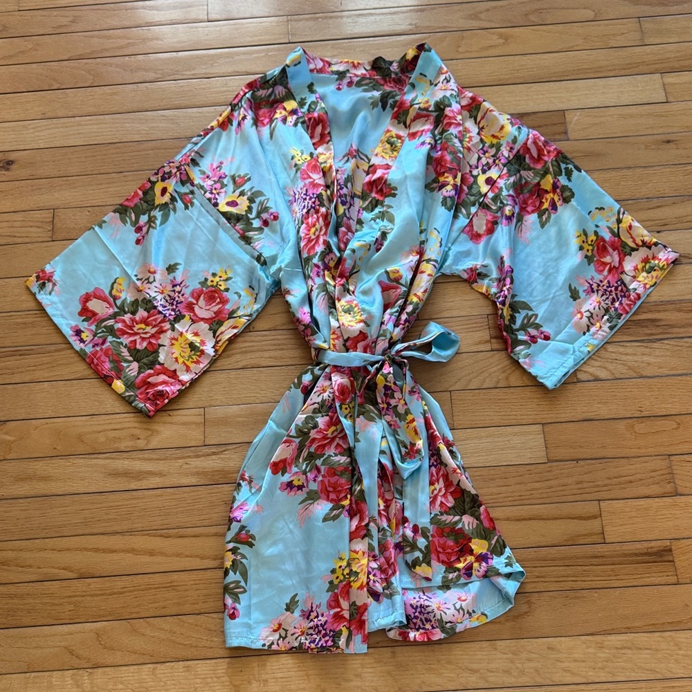 Floral Kimono Robe - Blue and Pink Medium
